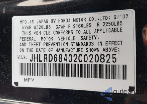 2002 Honda Cr-V Lx из США, поврежденный, VIN JHLRD68402C020825